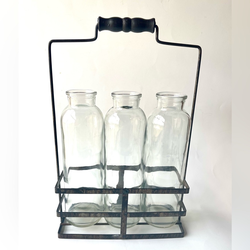 Farmhouse Chic Three Bottle Decor with Metal Holder